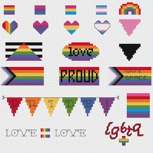 Pride Pack - 20 Mini Cross Stitch Patterns, LGBTQ+, Rainbows, Bunting, Flags, Hearts, Love is Love,
