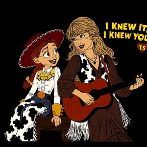 May include: A graphic illustration on a black background featuring a cartoon cowgirl with red hair and a hat sitting next to a blonde woman playing a brown acoustic guitar. The text reads I KNEW IT, I KNEW YOU with a red heart containing the letters TS.