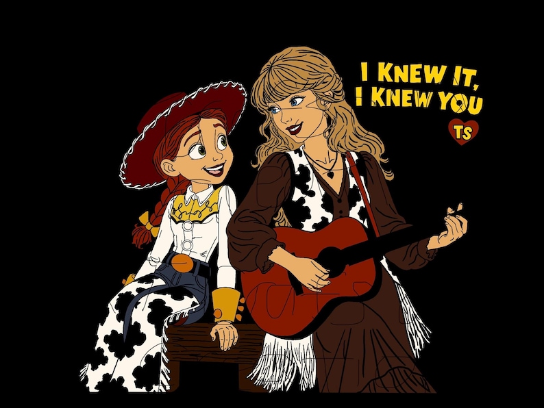 May include: A graphic illustration on a black background featuring a cartoon cowgirl with red hair and a hat sitting next to a blonde woman playing a brown acoustic guitar. The text reads I KNEW IT, I KNEW YOU with a red heart containing the letters TS.