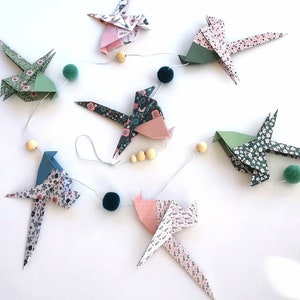 ORIGAMI Chickadees Wall Garland with Pompoms Random Patterns Nature Inspired Decoration Handmade Gift Idea