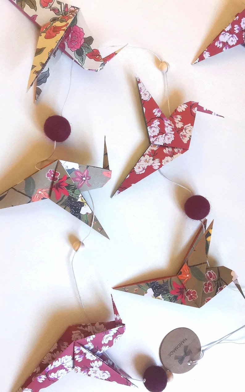 Origami Hummingbird Garland, Flower Pattern, Home Gift, Poetic Handmade Hanging Decoration, Nature-Inspired Wall Decor image 1