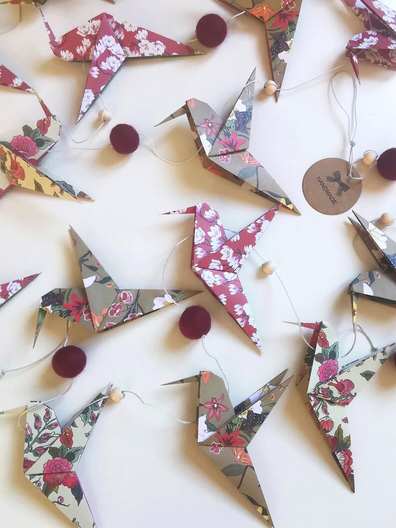 Origami Hummingbird Garland, Flower Pattern, Home Gift, Poetic Handmade Hanging Decoration, Nature-Inspired Wall Decor image 17