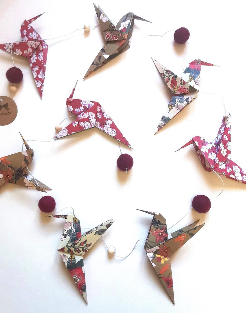Origami Hummingbird Garland, Flower Pattern, Home Gift, Poetic Handmade Hanging Decoration, Nature-Inspired Wall Decor image 11