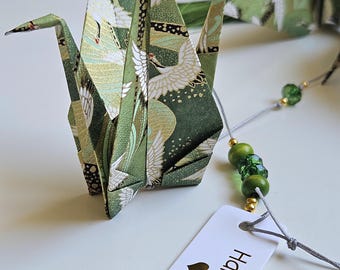 Lucky Garland of Origami Cranes, Japanese Handmade Paper Yuzen, Green, Black and Gold, Paper Folding Art, Symbolic Japanese Decoration