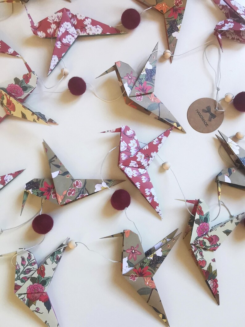 Origami Hummingbird Garland, Flower Pattern, Home Gift, Poetic Handmade Hanging Decoration, Nature-Inspired Wall Decor image 18
