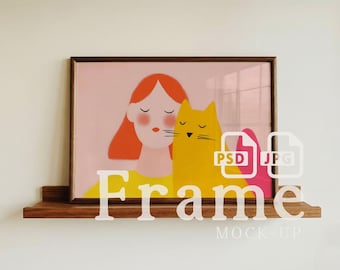 Wall Art Frame Mockup PSD, Walnut Ledge Shelf Picture Frame Mockup, Minimal Wood Frame Smart Object, Digital Download