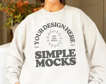 Comfort Colors C1566 White Sweatshirt Mockup, CC 1566 White Crewneck Spring Mock-up, Real Model Mock