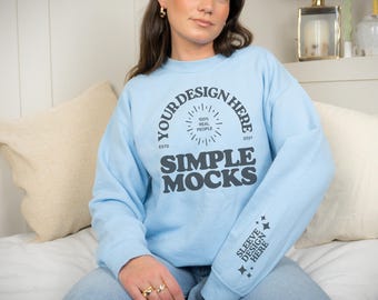 Gildan 18000 Sleeve Mockup | Gildan Light Blue Sweatshirt Mockup, Sweatshirt Model Mockup Sleeve Design, Gildan Light Blue, Simple Mockup