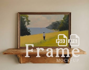 Wall Art Frame Mockup PSD, Wood Shelf Art Print Mockup, Picture Frame Smart Object, Digital Download