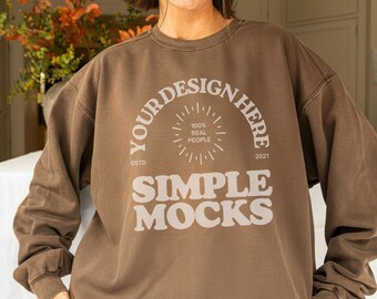 Comfort Colors C1566 Espresso Sweatshirt Mockup, CC 1566 Espresso Brown Crewneck Mock-up, Real Model Mock