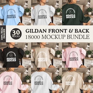 Puede incluir: Un paquete de maquetas de 30 sudaderas Gildan en varios colores, incluyendo azul claro, blanco, verde oscuro, negro, beige y rosa. Las sudaderas presentan un gráfico redondo con el texto "YOUR DESIGN HERE" y "SIMPLE MOCKS".