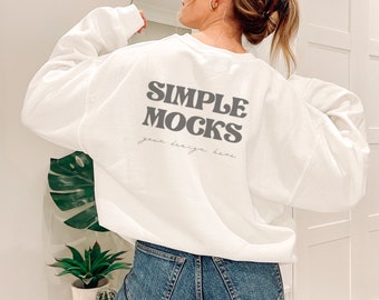 Gildan 18000 Mockup | Gildan 18000 Back Mockup | Gildan White Sweatshirt Mockup | White Gildan 18000 | Model Mockup | Back of Shirt Mockup