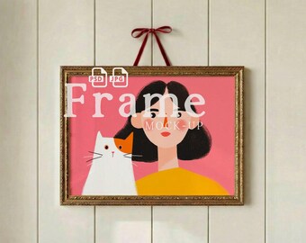 Vintage Gold Frame Mockup PSD, Hanging Wall Art Mockup, Antique Picture Frame Mock Up, Ribbon Bow, Digital Download Template JPG