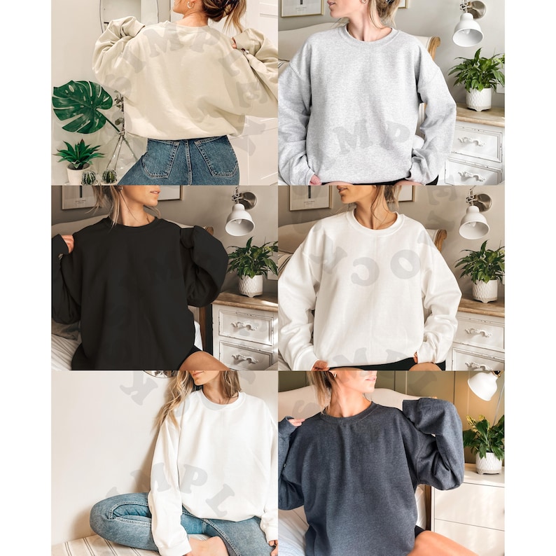 May include: Five different colored sweatshirts, each with a crew neck and long sleeves. The sweatshirts are shown on five different models, each wearing a different color. The colors are beige, gray, black, white, and dark blue.