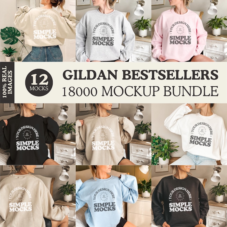 May include: A mockup bundle of 12 Gildan crewneck sweatshirts in various colors, including black, white, gray, beige, light blue, and pink. The sweatshirts feature a simple design with the text "YOUR DESIGN HERE" and "SIMPLE MOCKS" printed on the front.
