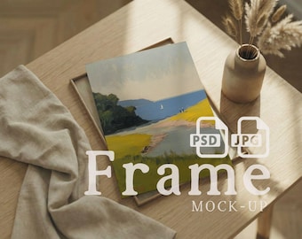 Wall Art Frame Mockup PSD, Boho Table Flatlay Art Print Mockup, Poster Mockup Smart Object, Digital Download