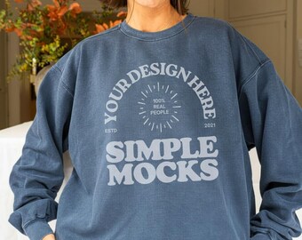 Comfort Colors C1566 Denim Sweatshirt Mockup, CC 1566 Blue Crewneck Spring Mock-up, Real Model Mock