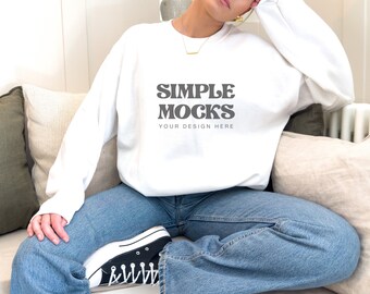 Gildan 18000 Mockups, Gildan White Sweatshirt Mockup, Gildan 18000 Mockups White, Gildan White, 18000 White Crewneck | Simple Mockup
