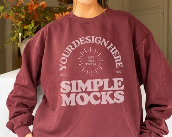 Comfort Colors C1566 Brick Sweatshirt Mockup, CC 1566 Red Crewneck Fall Mock-up, Christmas Holiday Mockup, Real Model Mock