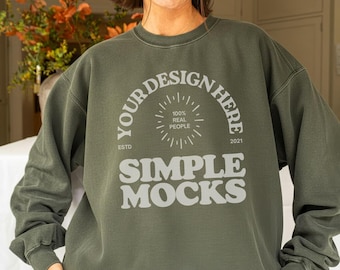 Comfort Colors C1566 Moss Sweatshirt Mockup, CC 1566 Moss Green Crewneck Mock-up,  Real Model Mock