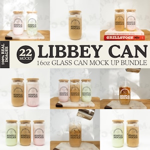 May include: A set of 22 mockups of 16-ounce glass cans with various beverages. The cans are labeled "Simple Mocks" and are arranged in different configurations. The mockups are ideal for showcasing product designs or branding.
