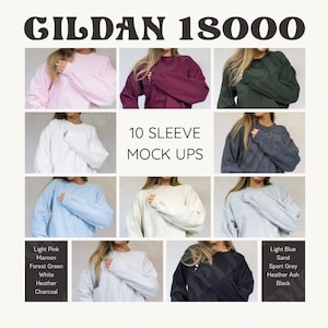 Puede incluir: Diez variaciones de color diferentes de una sudadera de cuello redondo de manga larga Gildan 18000. Los colores son rosa claro, granate, verde bosque, blanco, jaspeado, carbón, azul claro, arena, gris deportivo, gris jaspeado y negro.