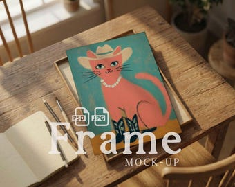 Wall Art Frame Mockup PSD, Rustic Desk Flatlay Art Print Mockup, Minimal Interior Frame Mockup with Smart Object