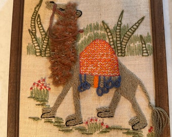 Vintage boho embroidered burlap camels set of 2 framed