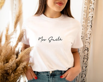 Personalised Mrs Name T-shirt Wedding honeymoon engagement gift New Bride bridal party hen White Black Grey Top wife sister present