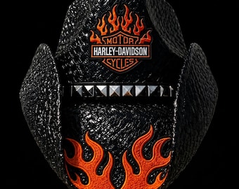 Harley Davidson Custom Handmade Black Straw Cowboy Hat with Flame Orange Patch and Studded Hatband