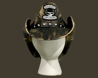PRE-ORDER JUNE 2026 Harley Davidson Custom Handmade Painted Straw Cowboy Hat with Skull Patch and Hat Band