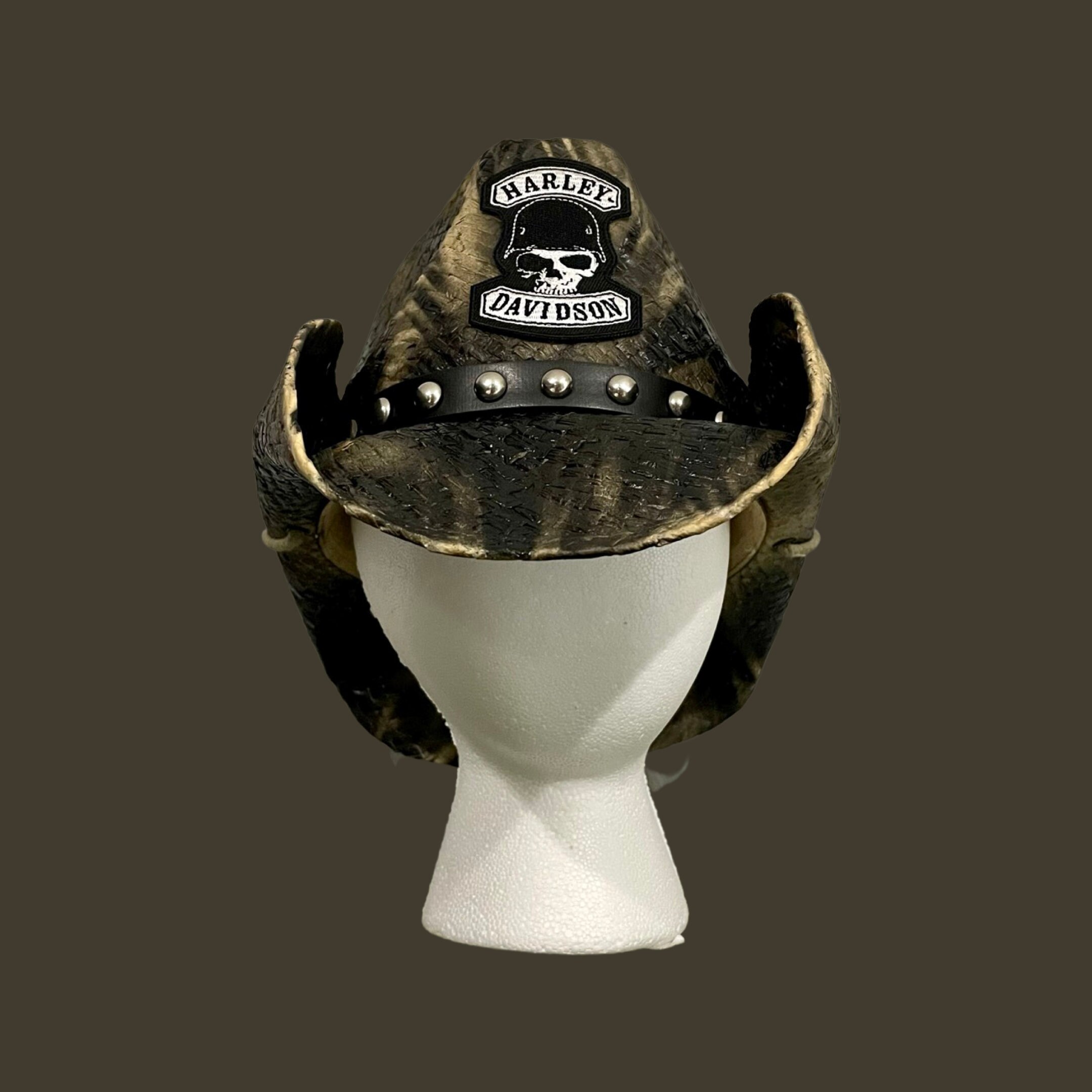 Harley Davidson Custom Handmade Painted Straw Cowboy Hat With Skull