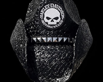 PRE-ORDER JUNE 2026 Harley Davidson Custom Handmade Black Cowboy Hat with Patch and Skull Hatband