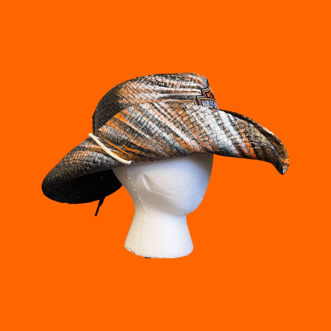 Harley Davidson Custom Painted Straw Cowboy Hat With Patch and Studded