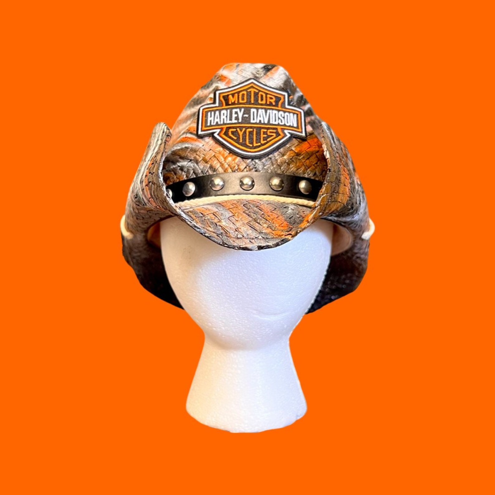Harley Davidson Custom Painted Straw Cowboy Hat With Patch and Studded