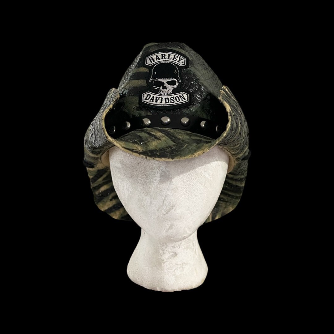 Harley Davidson Custom Handmade Painted Straw Cowboy Hat With Skull