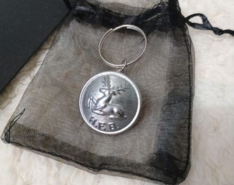 Vintage Hertfordshire Fire brigade Tunic Button Keyring. Handmade in the UK. Comes with gift bag and box.