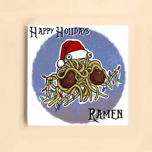 Carte de Noël/vacances Monstre en spaghetti volant. Pastafarien/ Carré 6 x 6 dessinés à la main (carte 300 g)