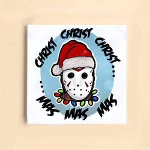 Tarjeta navideña inspirada en Jason Voorhees, tamaño cuadrado de 6 x 6, dibujada a mano (tarjeta de 300 g/m²)