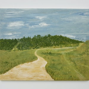 May include: A painting depicting a winding dirt track leading up a grassy hill with a line of trees at the top. The sky is a light blue with white clouds.