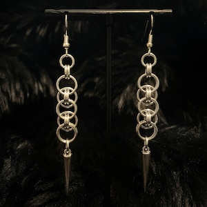 The Acantha - Chainmail Earrings - Silver - Helm Weave - Spike - Charm - Edgy - Ethereal - Gothic - Long - Statement - Dangle - Drop - Trend