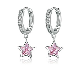 Sterling Silver Pink Star Huggie Hypoallergenic Earrings