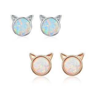 Sterling Silver Opal Kitten Stud Earrings