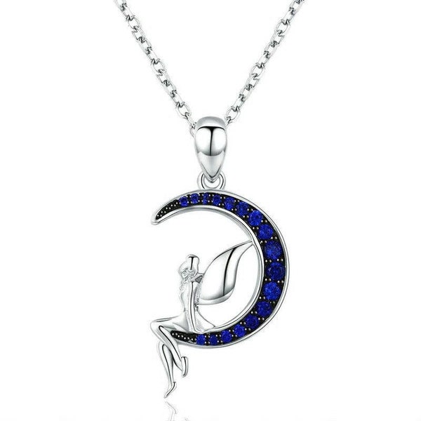 Sterling Silver Lucky Fairy On Blue Moon Necklace