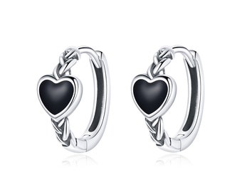 Sterling Silver Black Heart Huggie Earrings