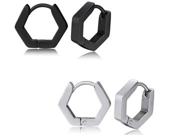 Boucles d'oreilles Huggie hexagonales en acier inoxydable