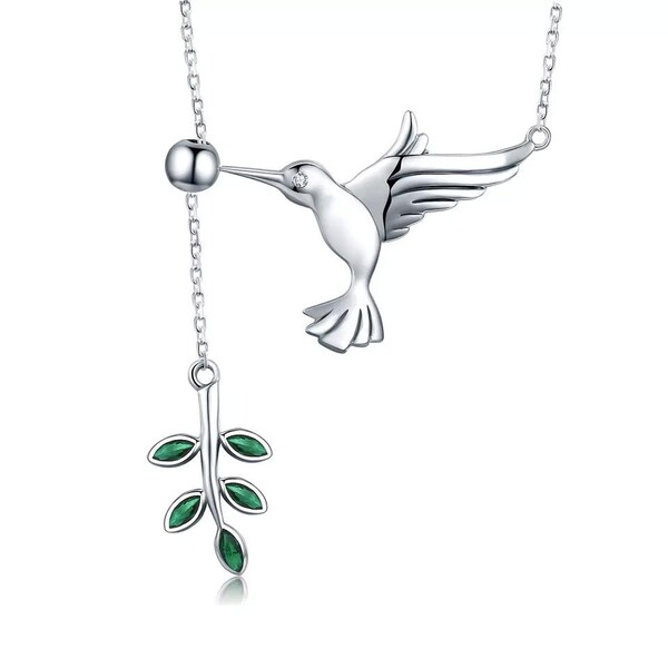 Sterling Silver Spring Bird & Tree Leaves Hypoallergenic Y Necklace