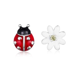 Sterling Silver Ladybug & Flower Earrings