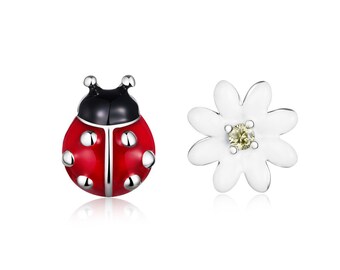 Sterling Silver Ladybug & Flower Earrings