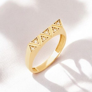 Geometric Ring With CZ, 14K Gold Modern Minimalist Jewelry For Women, Triangle Design Stackable Band, Elegant Gold Gift for Her